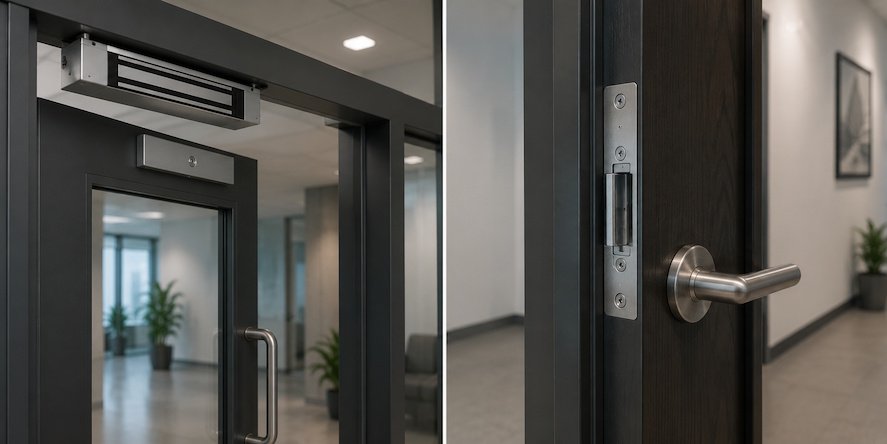 Electric door strike installed on a commercial door frame