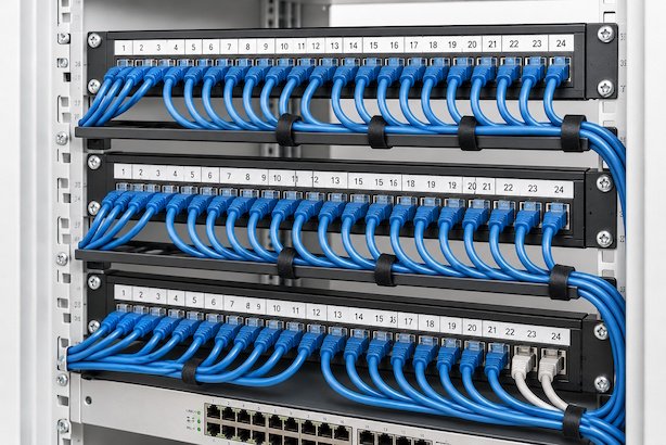 Structured network cabling being installed in an office ceiling