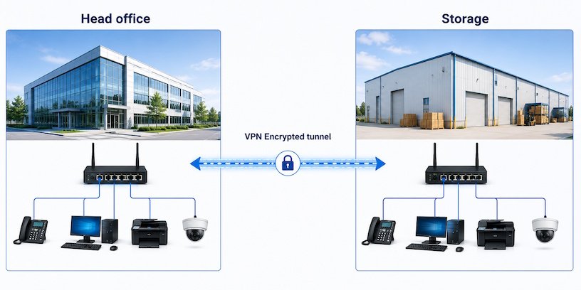 Site-to-site VPN connection diagram on a laptop screen